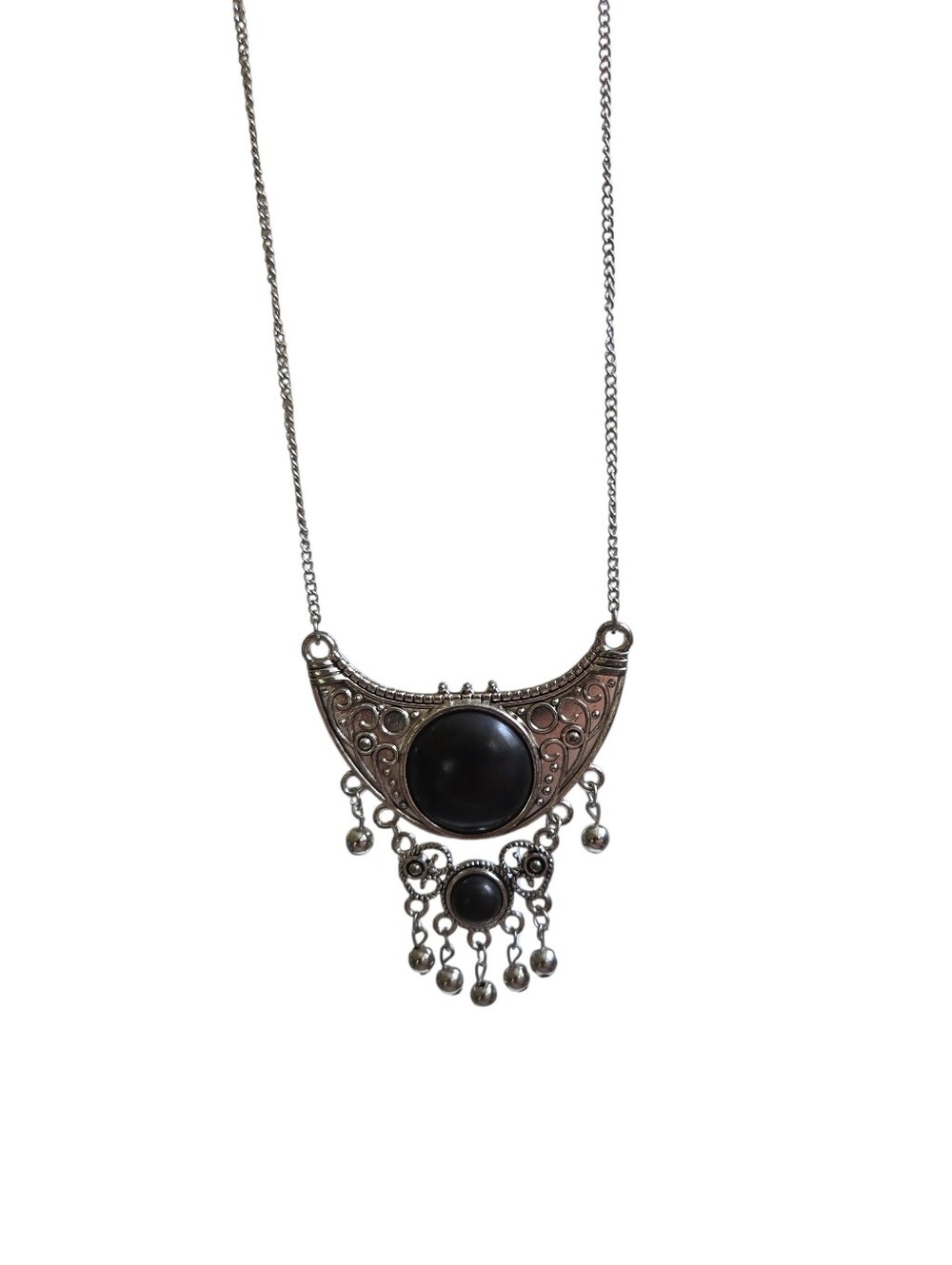 Statement Silver Tone Pendant Necklace with Black Stone and Dangle Accents 40" - Picture 3 of 3